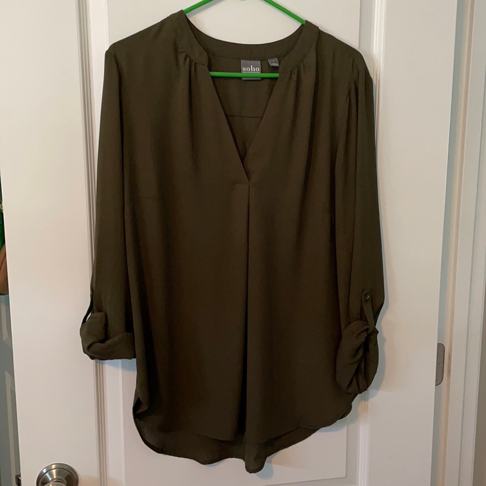 Olive Green New York & Company V Neck Blouse Sz L